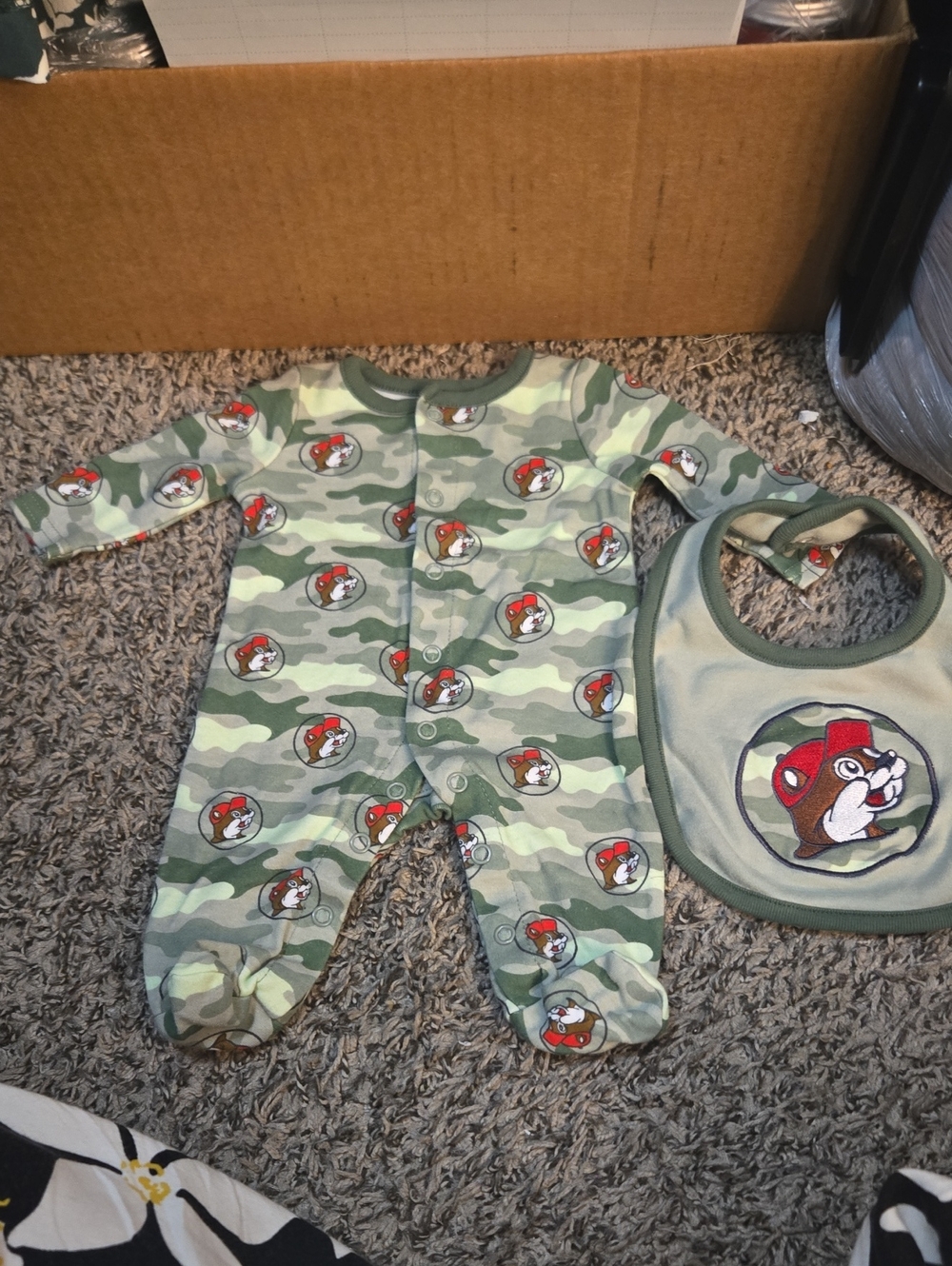Camo Green Baby Footed One-Piece with Fox Bib